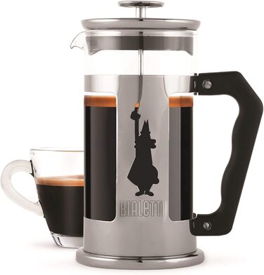 Френч-прес Bialetti Preziosa 1 л, скло та нержавійка, для кави та чаю, 8 чашок, сріблястий, підходить для посудомийки