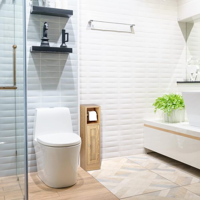 Підлоговий тримач для туалетного паперу Relaxdays з полицьою, вузька шафа для ванної, 80x20,5x21 см, деревна текстура, коричневий