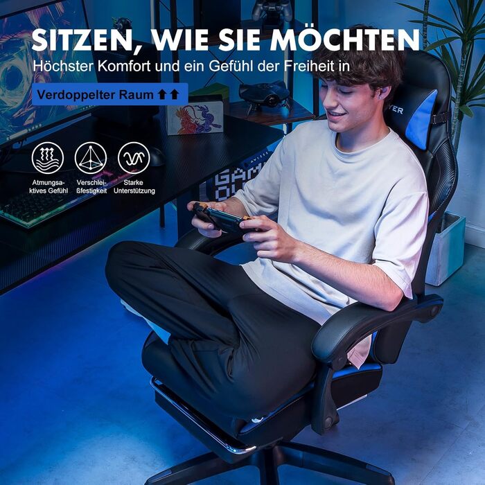 Ігровий крісло GTPLAYER з підніжкою, регульованою висотою, з підтримкою попереку та знімним чохлом (блакитний)
