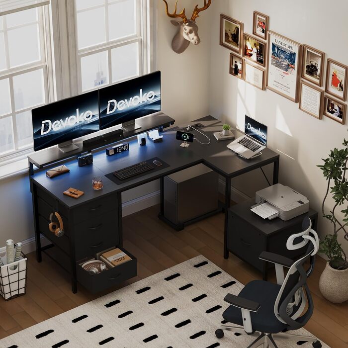 Кутовий стіл Devoko з розетками та USB, 160x120 см, 5 висувних ящиків, підставка під монітор, LED-підсвітка для дому та геймінгу, чорний