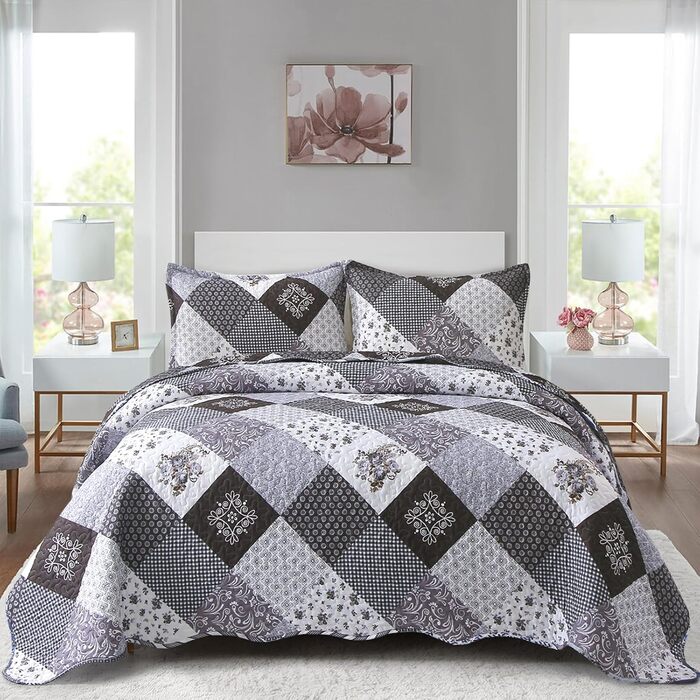 Покривало WONGS BEDDING 220x240 см, стьобане, мікрофібра, патчворк, з 2 наволочками 48x75 см, квітковий візерунок, чорний/сірий
