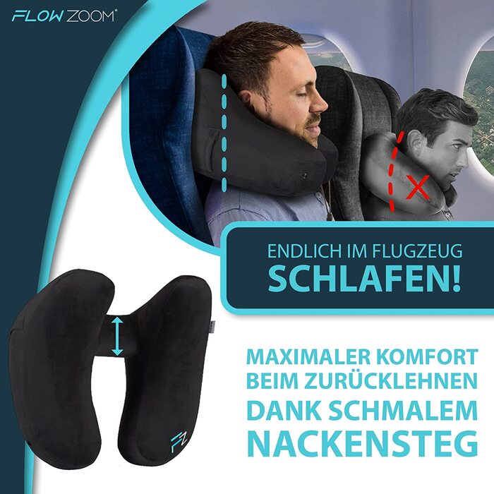 Надувна подушка для шиї FLOWZOOM AIR з капюшоном, чорна, розмір L – дорожня подушка для подорожей літаком, для дорослих, швидке надування