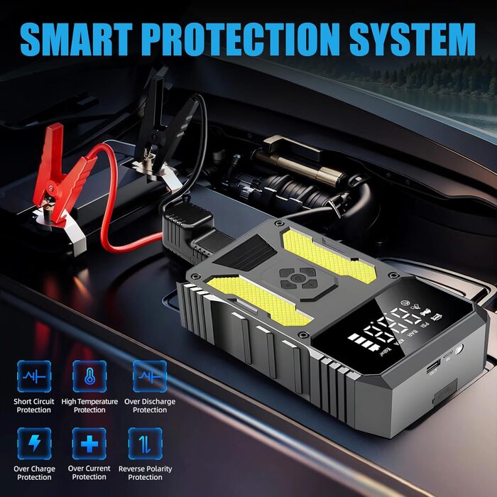 Пусковий пристрій для авто (бустер) з компресором 6000A, портативний Jump Starter Powerbank з LED-ліхтарем та дисплеєм, жовто-чорний