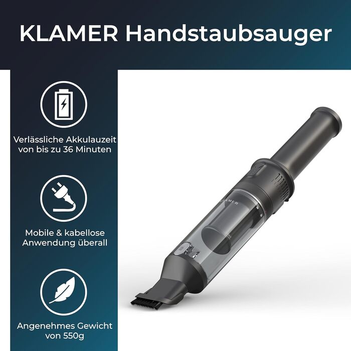 Потужний бездротовий ручний пилосос KLAMER 140W, 16 000 Па, 36 хв роботи, акумуляторний, для дому, офісу та авто, без мішка, з док-станцією
