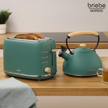 Тостер Briebe Nordic Set 2-слотовий з підставкою для булочок, 6 рівнів підсмажування + Електричний чайник індукційний 2.3л, нержавіюча сталь, без BPA, Набір для сніданку в скандинавському дизайні (Зелений)