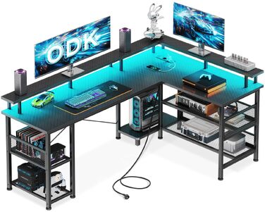 Ігровий кутовий стіл ODK з LED-підсвіткою та USB-портом, 168×120 см, чорний вугіль (карбон)