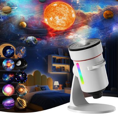 Проектор-планетарій QKTYB: Нічник-проектор зоряного неба 4K HD з 360° обертанням, таймером та дисками планет для дітей та дорослих, білий