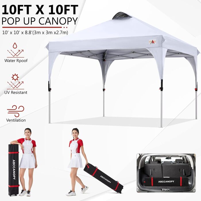 Павільйон ABCCANOPY 3x3 м водонепроникний, для фестивалів і відпочинку на вулиці, з сонцезахистом, білий, без бокових стінок, комплект: роликовий чохол, 4 вагові сумки, 4 мотузки, 4 кілки