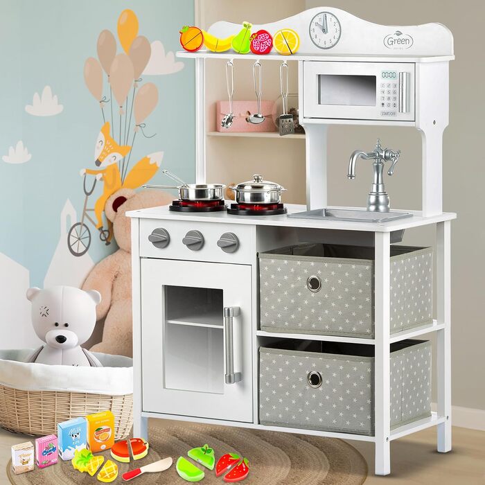 Дерев'яна дитяча кухня Kinderplay з LED та звуками приготування їжі, регульована висота 92–107 см, ігровий набір для дітей від 3 років, повний комплект з аксесуарами, світло-сірий колір (Vintage - White)