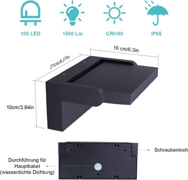 Стіна LED-світильник Klighten 24W антрацит, тепле біле світло 3000K, водонепроникний IP65, поворотний, алюміній, 1500 Лм для вулиці та приміщень