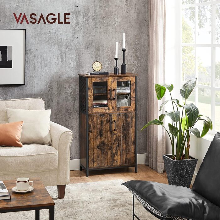 VASAGLE шафа для ванної, комод, кухонна шафа, регульована полиця, сталевий каркас, 30x60x108 см, індустріальний стиль, вінтаж, коричнево-чорний