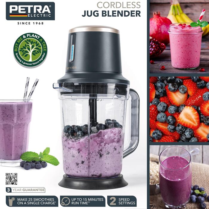 Потужний бездротовий блендер Petra PT5393BGRYVDE, 1,5 л, акумуляторний, для смузі та льоду, 2 швидкості, BPA-free, нержавіюча сталь