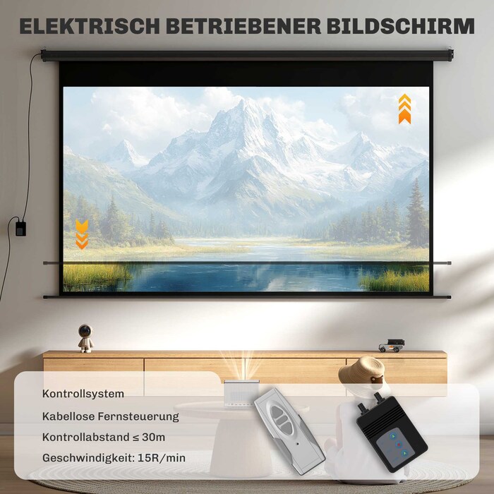 Екран проекційний Beamer-Leinwand, формат 16:9, з пультом дистанційного керування, розміром 266 x 149 см (120 дюймів), чорного кольору
