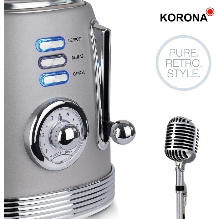 Тостер Korona 21667, 2 скибки, ретро дизайн, сірий, 6 режимів підсмажування, функції розморожування, підігріву та підсмажування, 850 Вт, підставка для булочок, піддон для крихт, центрування хліба