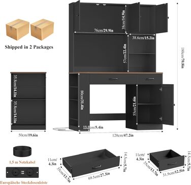 Письмовий стіл FirFurd 180x120x50 см з шухлядами, полицею для книг, LED-підсвіткою та розетками - дерев'яний комп'ютерний стіл для офісу, кабінету, дитячої кімнати (Чорний)
