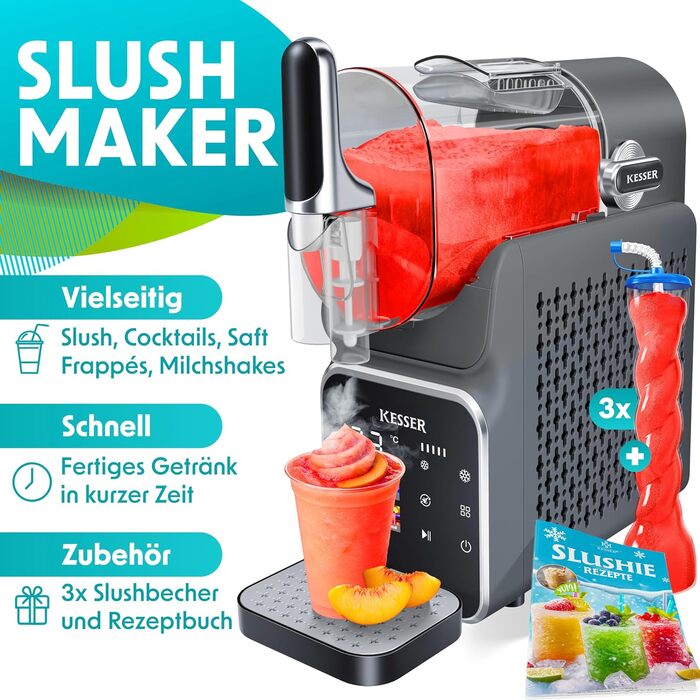 Машина для приготування сляш KESSER® - сляш-мейкер 2л - для сляш, коктейлів, фраппе, молочних коктейлів та замороженого соку - 25 хв та 6 програм - 3 стаканчика та книга рецептів в комплекті, антрацит