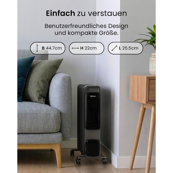 Розумний електричний масляний радіатор Pro Breeze 2500Вт, 11 секцій, з керуванням через Wi-Fi (Smart App), термостатом, таймером на 24г та сенсорним дисплеєм, сріблястий
