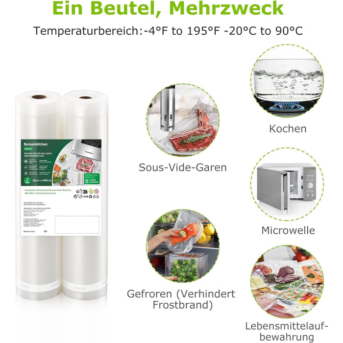 Рулони для вакуумного пакування Bonsenkitchen 28x600 см (2 шт) - Професійні пакети для вакууматора, харчові, BPA-free, для Sous Vide