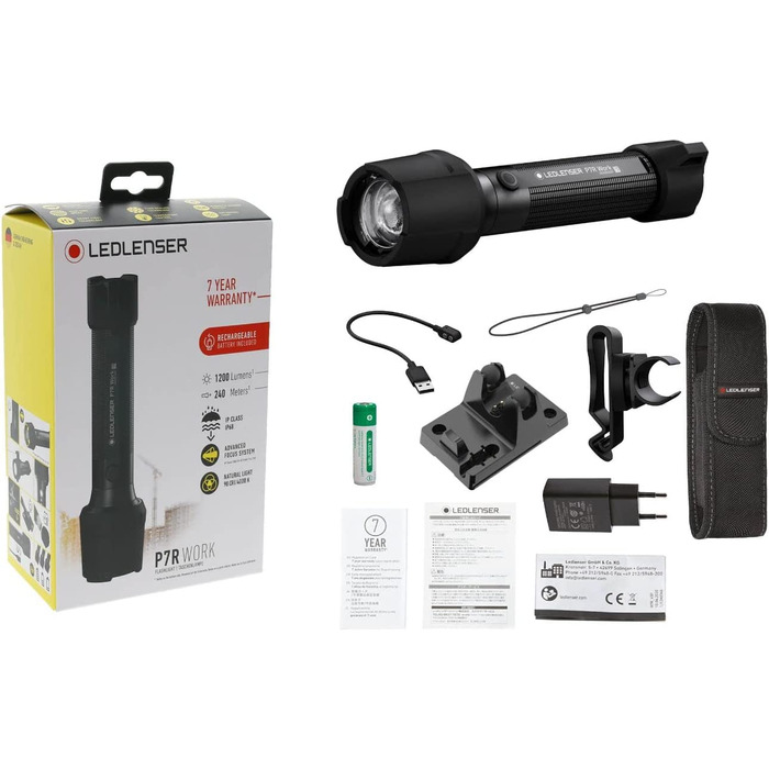 Ліхтарик Ledlenser P7R Work, LED, акумуляторний, 900 люмен, IP68, 21700 Li-ion, фокусування, висока CRI, USB-магнітна зарядка, дальність 240 м, станція зарядки