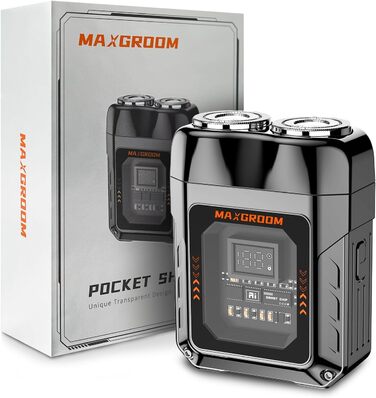 MAXGROOM Міні-бритва для чоловіків, електрична, волога та суха, портативна, з LED-дисплеєм, акумуляторна, USB Type-C, магнітні леза, чорна/сіра