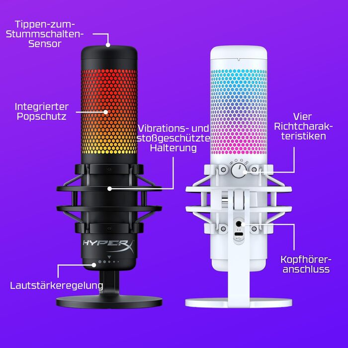 HyperX QuadCast S білий – USB конденсаторний мікрофон з RGB-підсвіткою для ПК, PS5, Mac, підвісом, 4 направленостями, поп-фільтром і регулятором чутливості, для геймінгу, стрімінгу, подкастів, Discord, Twitch