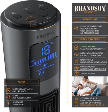 Вентилятор підлоговий Brandson 96 см з пультом, 3 швидкості, 3 режими, таймер, сірий