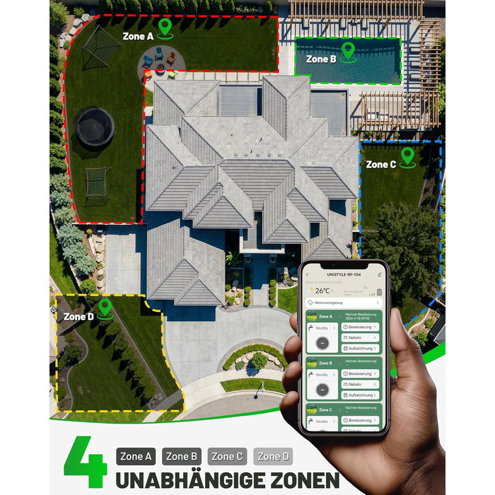 Розумний таймер для поливу GardenLife з Wi-Fi, 4 канали, керування через додаток та голосові команди, 5 програм поливу для газону та саду