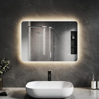 Дзеркало для ванної кімнати зі підсвічуванням SVNR, 70 x 50 см, LED, бездоганне покриття, сенсорне керування, регулювання кольору 3000K-6400K, з синім підсвічуванням