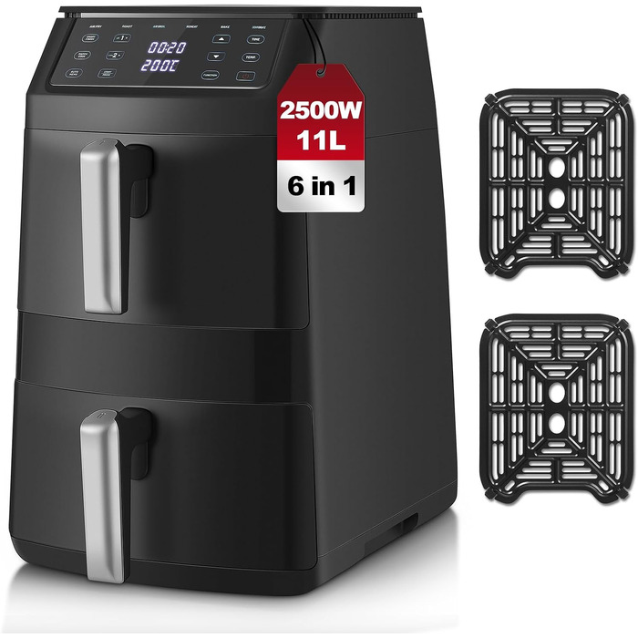 Аерофритюрниця TopStrong з двома камерами 11л, 2500W, вертикальна мультипіч з вікном, 6 функцій, чорна