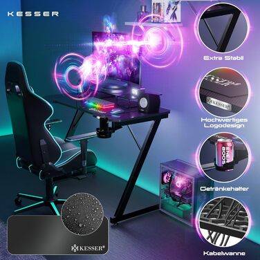 Ігровий стіл KESSER® LED 100x60 см | З-подібний стіл для геймерів | Кріплення для навушників & вуглецеве покриття | Ергономічний стіл для ПК | Стабільний стіл з підстаканником, білий/карбон з LED підсвіткою