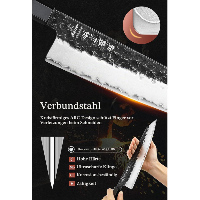 Професійний японський ніж Kiritsuke HEZHEN 21,5 см, кухонний ніж із 3-шарової дамаської сталі з восьмигранною ручкою з червоного дерева та дерев'яним чохлом