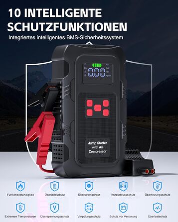 Пусковий інвертор Povasee Jump Starter 6000A з компресором 150 PSI, Powerbank для авто 12V, електричний насос та ліхтариком (Помаранчевий/Чорний/Червоний)