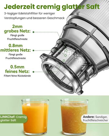 LINKChef Slow Juicer: повільний соковичавник для овочів та фруктів, 1.8 л, з функцією реверсу, BPA Free