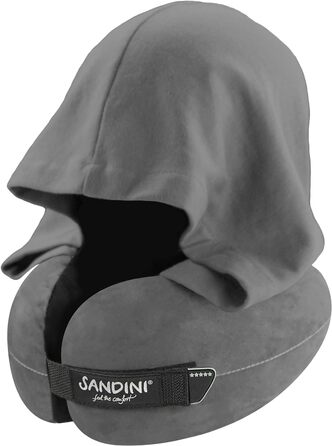 Подушка для подорожей SANDINI TravelFix Hoodie з ергономічною підтримкою шиї та капюшоном, преміум велюр, антрацит, чохол у комплекті