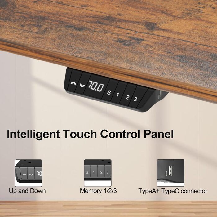 Електричний письмовий стіл Sonnewelt 140x60 см, регульований по висоті, з USB-A/C зарядкою, пам'яттю, захистом від зіткнень, гачком, колесами, мауспадом, вінтажний коричневий