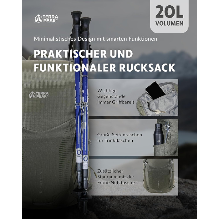 Рюкзак Terra Peak Airant з вентильованою спинкою, 20л, оливковий, туристичний, з поясом, тримачем для питної системи та дощовиком