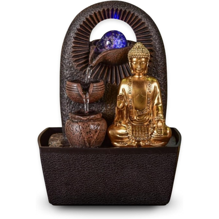 Джерело води Zen'Light від Zimmerbrunnen з Буддою та LED-підсвічуванням. Сучасна декорація для медитації та релаксації. Об'єкт Фен-Шуй, висота 26 см, колір горіх (Bhava)