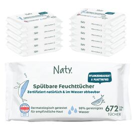 Дитячі вологі серветки Naty Spülbare, 98% води, гіпоалегенні, 672 шт (12 пакок по 56 шт)