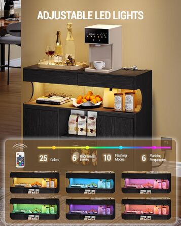 Сервант-комод Hzuaneri для кухні та вітальні з LED-підсвіткою та вбудованим подовжувачем (розетками), чорний