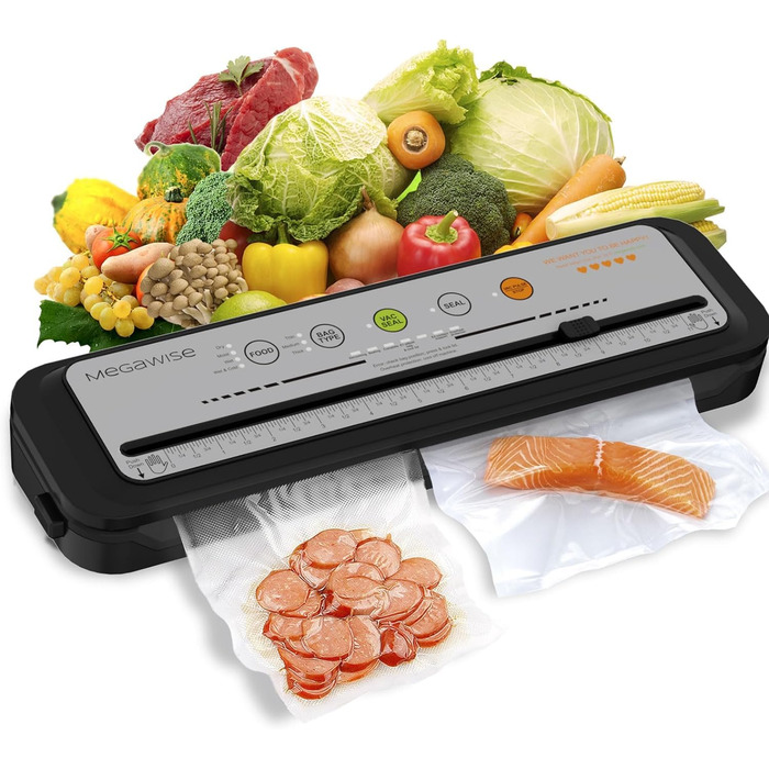Вакууматор для продуктів Megawise з потужністю 80 кПа, автоматичний вакуумний пакувальник з режимами для сухих та вологих продуктів, сірий (набір з 10 пакетами та різаком)
