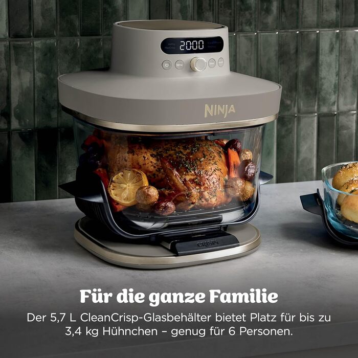 Скляна аерофритюрниця Ninja CRISPi PRO XL Air Fryer з 5 функціями, контейнерами CleanCrisp (5,7 л та 2,3 л) та кришкою для зберігання, AS090EUGN (Stone Gold)