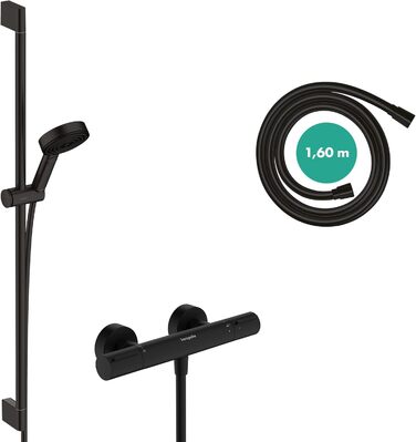Змішувач для ванної Hansgrohe Ecostat Element накладний з термостатом (SafetyStop 40°C) для 2 споживачів (13347000), матовий чорний, комплект з водозберігаючим душем та штангою 90см