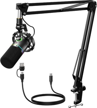 MAONO PD200XS Динамічний XLR/USB мікрофон з RGB підсвіткою, комплект із тримачем, програмним забезпеченням, кнопкою вимкнення звуку та регулятором гучності для подкастів, стрімінгу, запису, геймінгу, ПК, Mac, PS4/5, мікшер, чорний