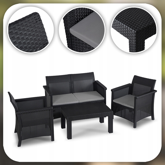 Комплект садових меблів із техноротанга MEBEL ELITE, чорний, 4 предмети