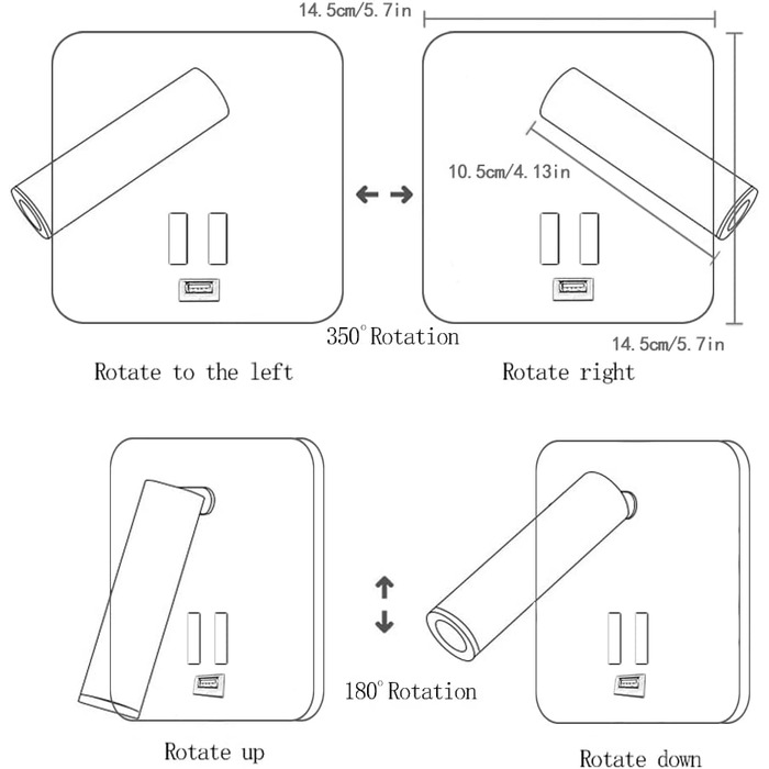 Настінна світлодіодна лампа TWSXTE з USB, поворотна, для спальні, читання, чорна, квадратна, 3000K, 3W+10W