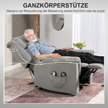 HOMCOM Recliner TV Recliner Електричний регульований масажний реклайнер з функцією відкидання вкладки Sit-to-Stand, широка спинка Реклайнер для телевізора з підніжкою, 2 бічні кишені для вітальні темно-сірий