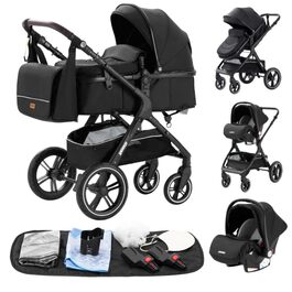 Дитяча коляска YAZOCO 3 в 1: Buggy, Babybett, Комплект. Легка, складається одним кліком, алюмінієвий каркас, для новонароджених, чорна.