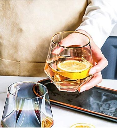 Набір склянок Diamond Whisky Glasses, 4 шт, 300 мл, скло з золотим обідком для віскі, бурбону, рому, бару, подарунок для чоловіків і жінок