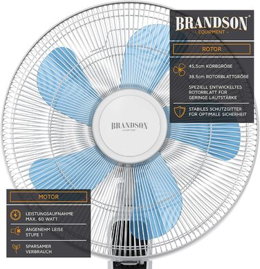 Вентилятор підлоговий Brandson Silent з пультом, дисплеєм, 60 Вт, білий, тиха робота, осциляція 80°, регульована висота 115-134 см, нахил 35°