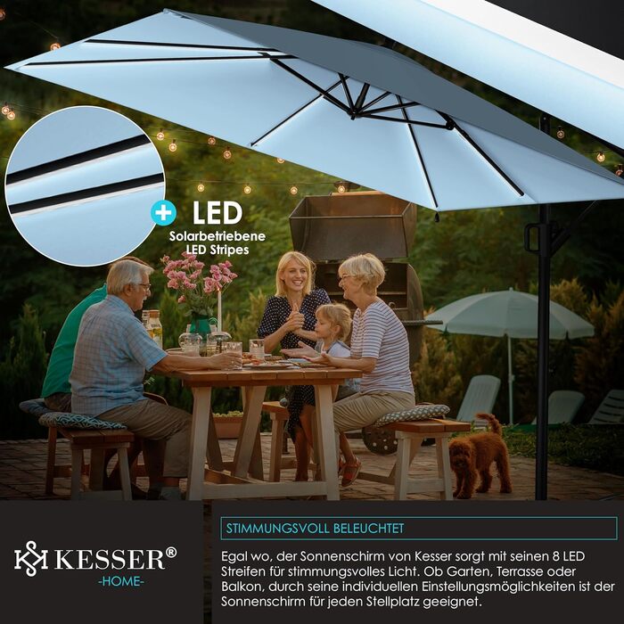 Гарматний парасоль KESSER Holly прямокутний з LED-підсвіткою на сонячній батареї, алюмінієвий, з ручкою-кривошипом, стійкою, чохлом, вітрозахистом, водостійкий, діаметр 350 см, світло-блакитний, для саду, з УФ-захистом